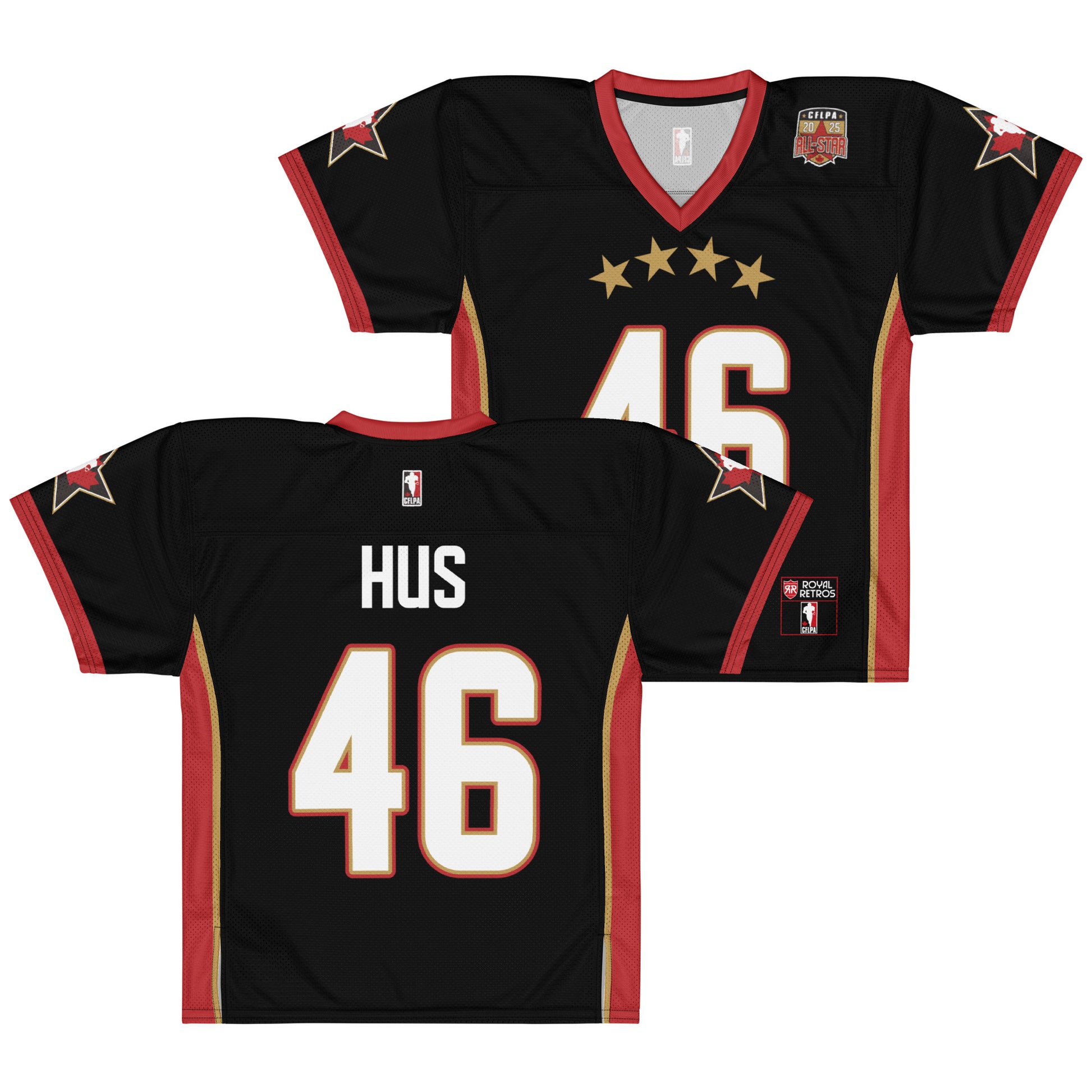 2025 CFLPA All-Star Replica Jersey. Black. Front and Back. Red collar and sleeve ends. Four gold stars over large white name over large white numerals with red trim. Gold, red, and gold stripes up sides. Royal Retro
