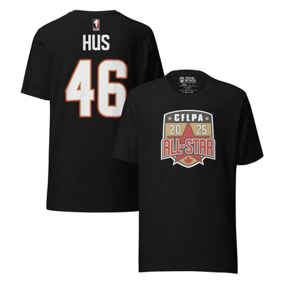 2025 CFLPA All Star Player T-Shirt. Black. Back upper right. Name in large letters across top of back in white. Large white numerals with red trim, below. Front, lower right. Shield with white trim. Inside is CFLPA in white over black with two gold stars on either side. Large star on gold background in shield below, with 20 in white on one side of point, 25 on right. ALL-STAR in red with white and black trim across bottom part of shield, red maple leaft at bottom of shield. Royal Retros