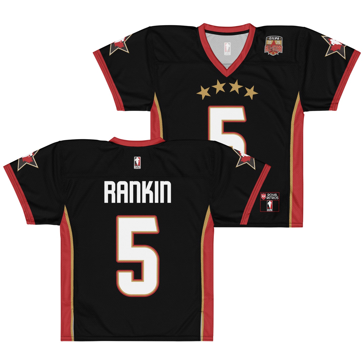 2025 CFLPA All-Star Replica Jersey. Black. Front and Back. Red collar and sleeve ends. Four gold stars over large white name over large white numerals with red trim. Gold, red, and gold stripes up sides. Royal Retro