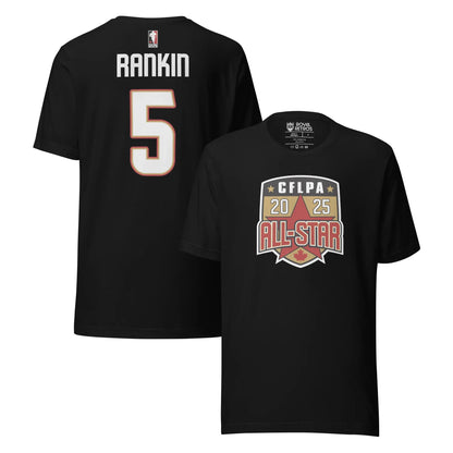 2025 CFLPA All Star Player T-Shirt. Black. Back upper right. Name in large letters across top of back in white. Large white numerals with red trim, below. Front, lower right. Shield with white trim. Inside is CFLPA in white over black with two gold stars on either side. Large star on gold background in shield below, with 20 in white on one side of point, 25 on right. ALL-STAR in red with white and black trim across bottom part of shield, red maple leaft at bottom of shield. Royal Retros