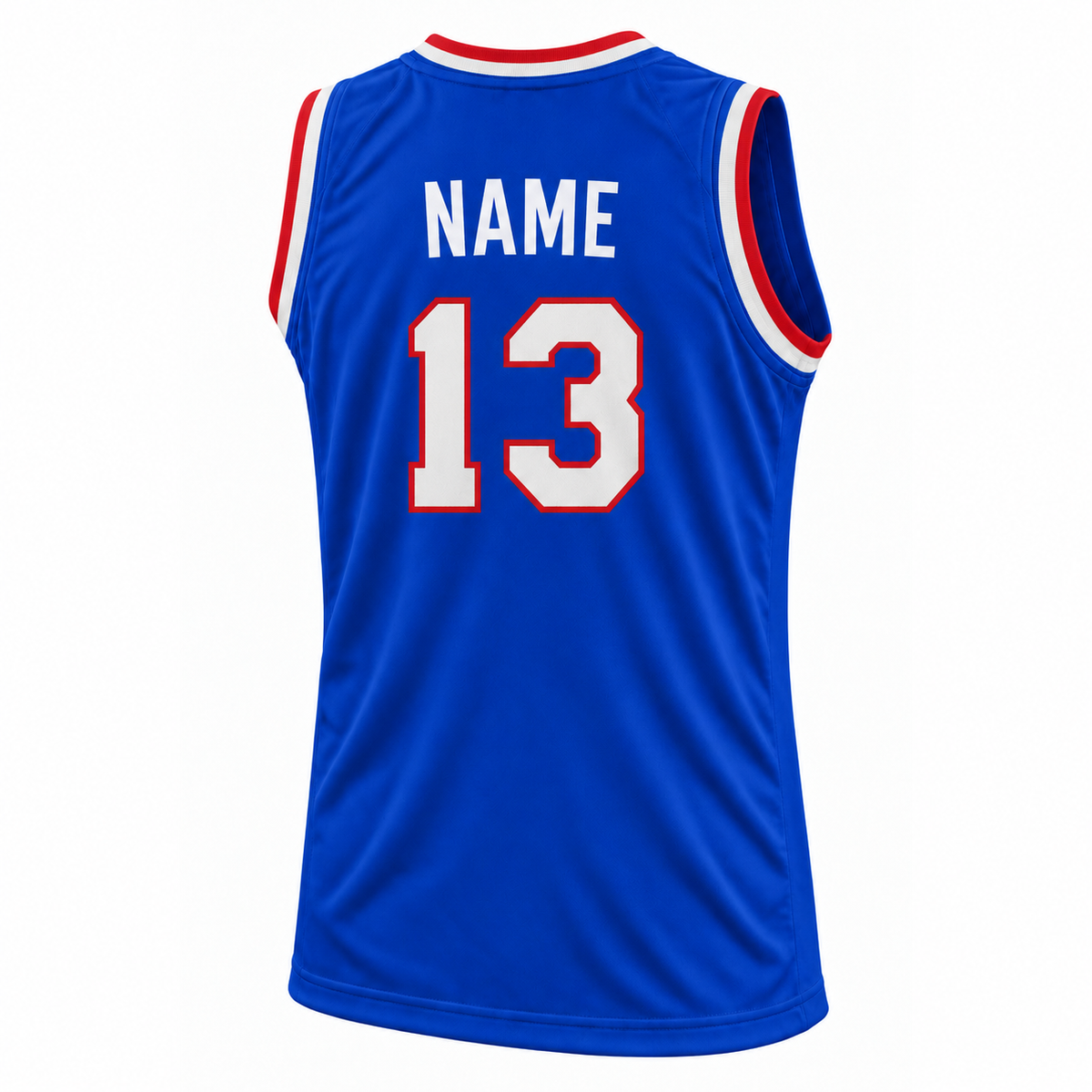 Kansas basketball jersey blue back, number 13, white NAME in block letters without outline. Royal Retros.