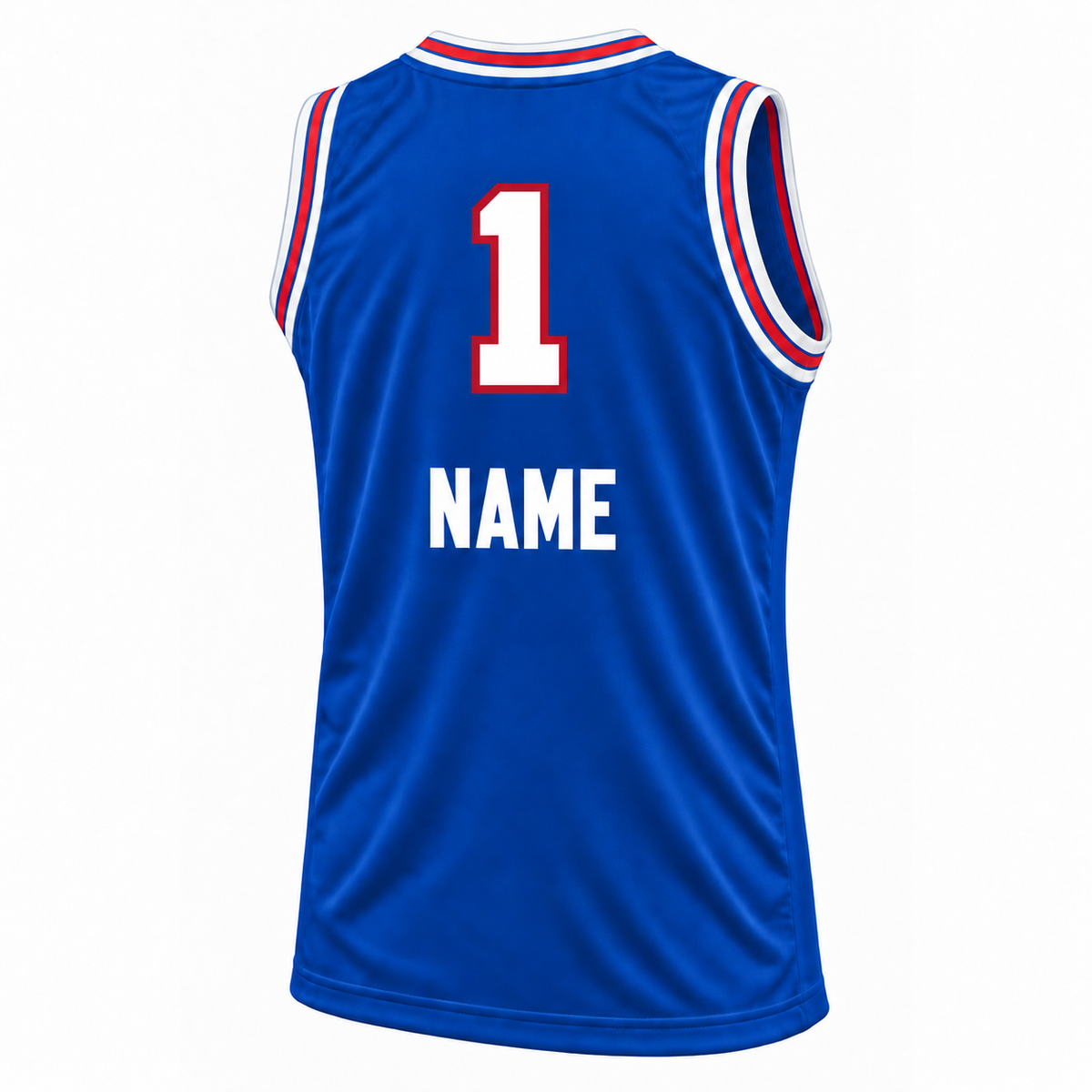Kansas City Kings royal blue jersey back mockup, raised white number 1 with red outline and white block NAME below the number, without outline.
