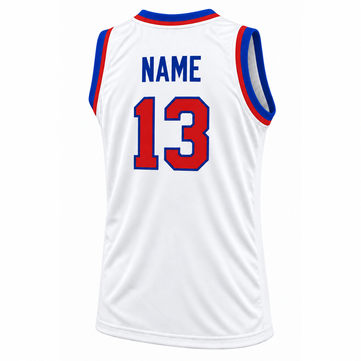 Kansas basketball jersey white back, number 13, blue NAME in block letters without outline. Royal Retros.