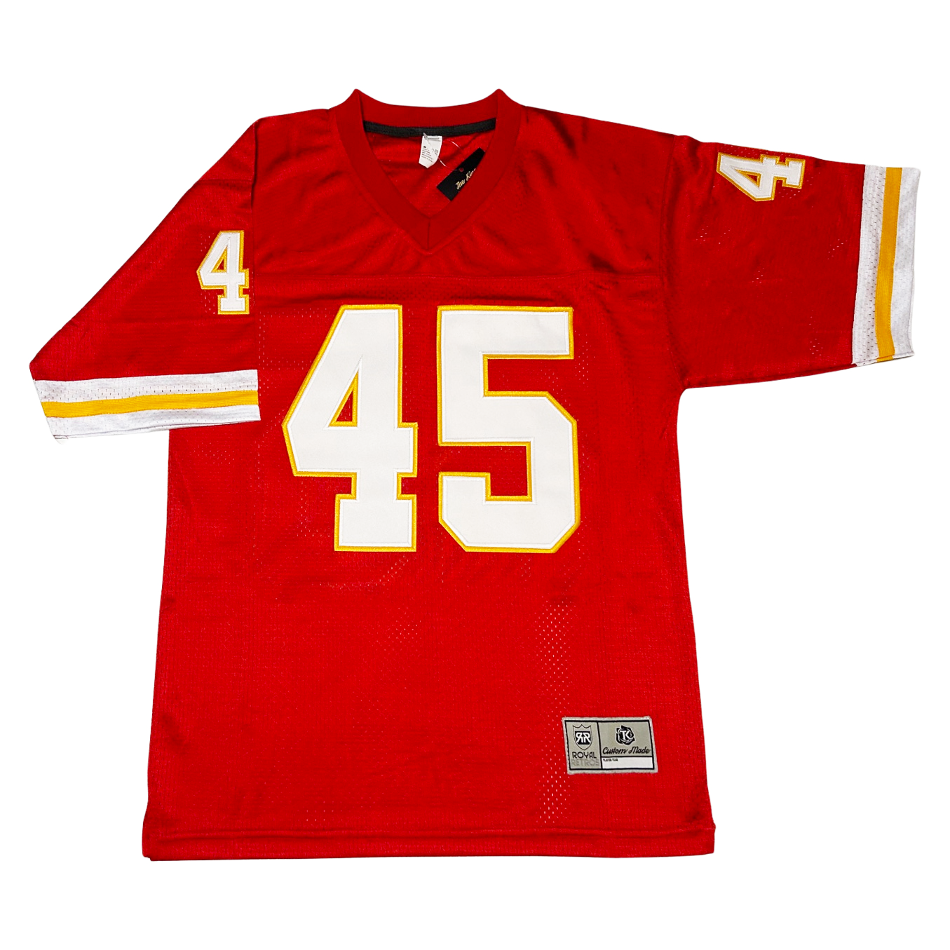 Kansas City Chiefs jersey. Red. White, gold, and white bands at sleeve ends. #45 in white with gold trim large on chest, small on shoulders. Royal Retros
