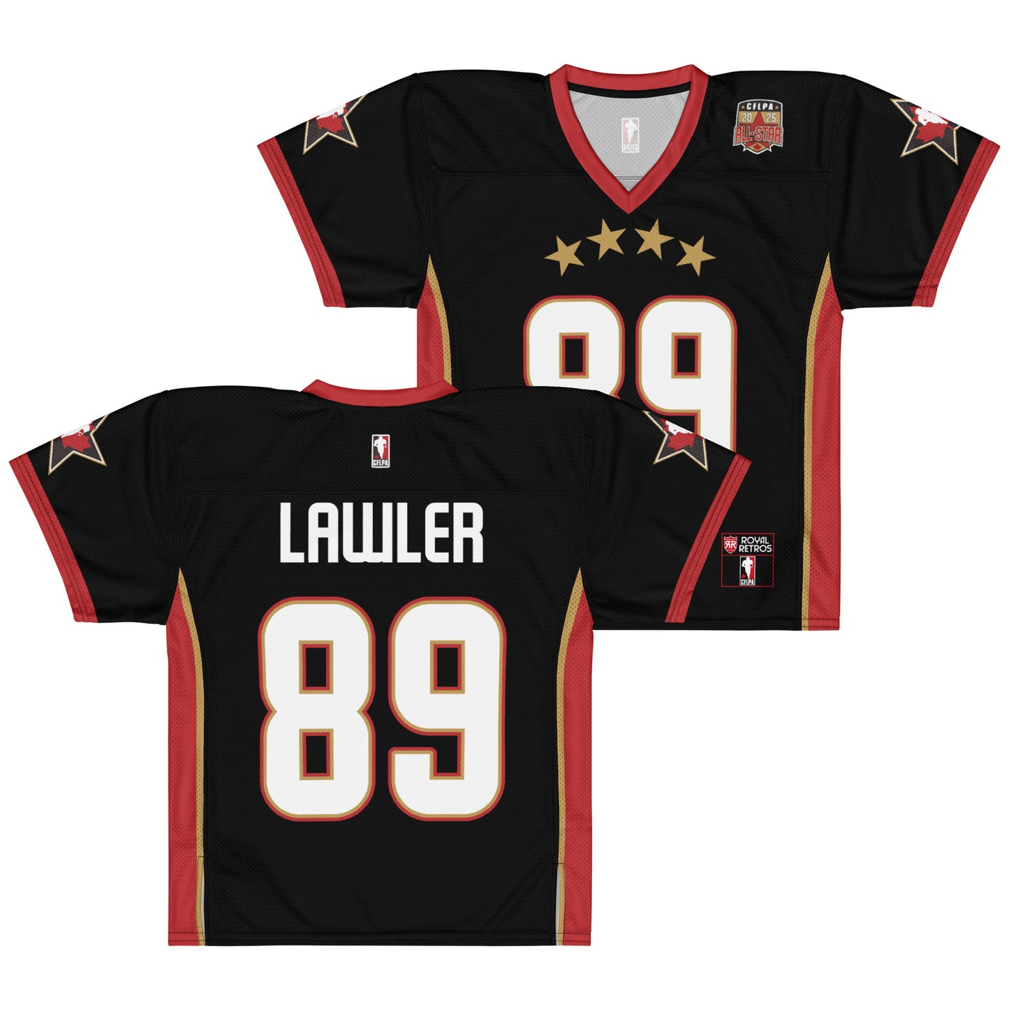 2025 CFLPA All-Star Replica Jersey. Black. Front and Back. Red collar and sleeve ends. Four gold stars over large white name over large white numerals with red trim. Gold, red, and gold stripes up sides. Royal Retro