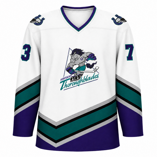 Kentucky Thoroughblades hockey jersey in white with teal, purple and black chevron striping and the horse-head crest above the Thoroughblades script at center chest