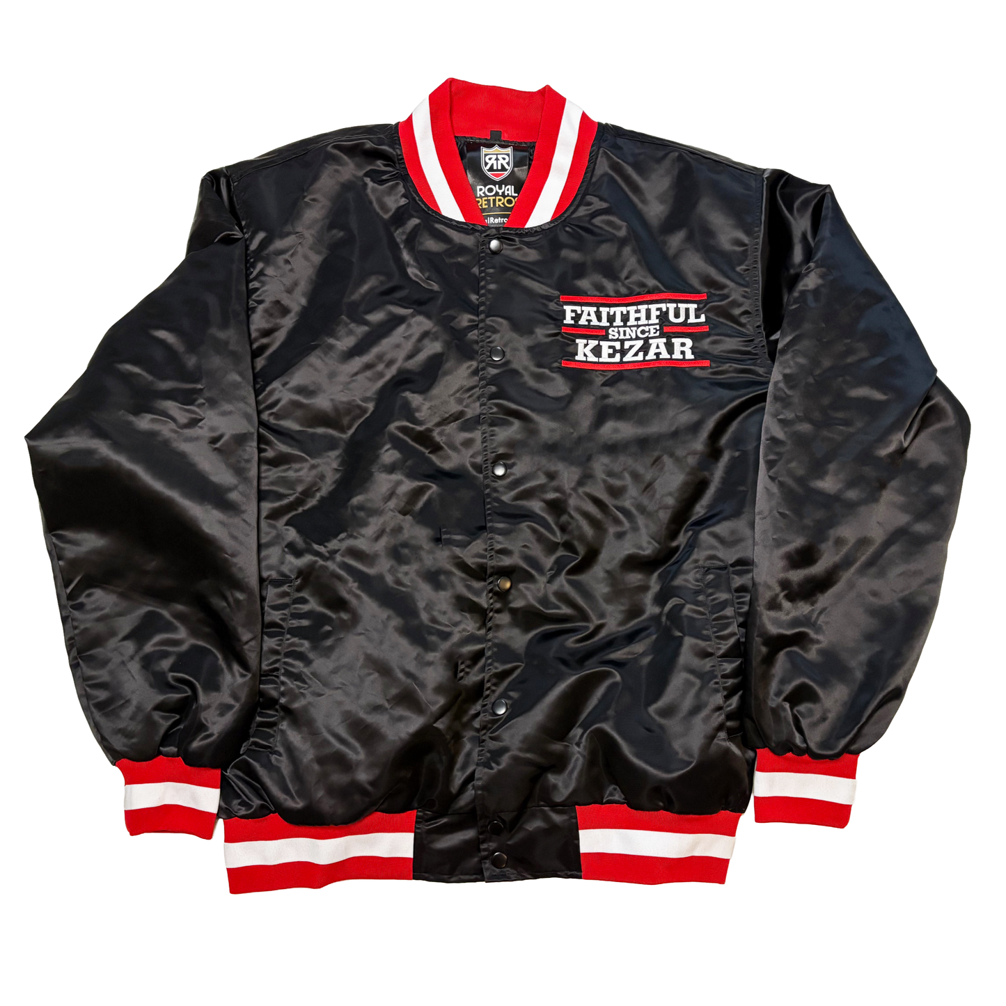 Kezar Satin Jacket - Black Large on front: Faithful since Kezar in white on left chest. Collar and sleeve ends are red, white, and red. Royal Retros