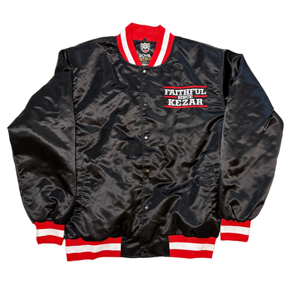 Kezar Satin Jacket - Black Large on front: Faithful since Kezar in white on left chest. Collar and sleeve ends are red, white, and red. Royal Retros