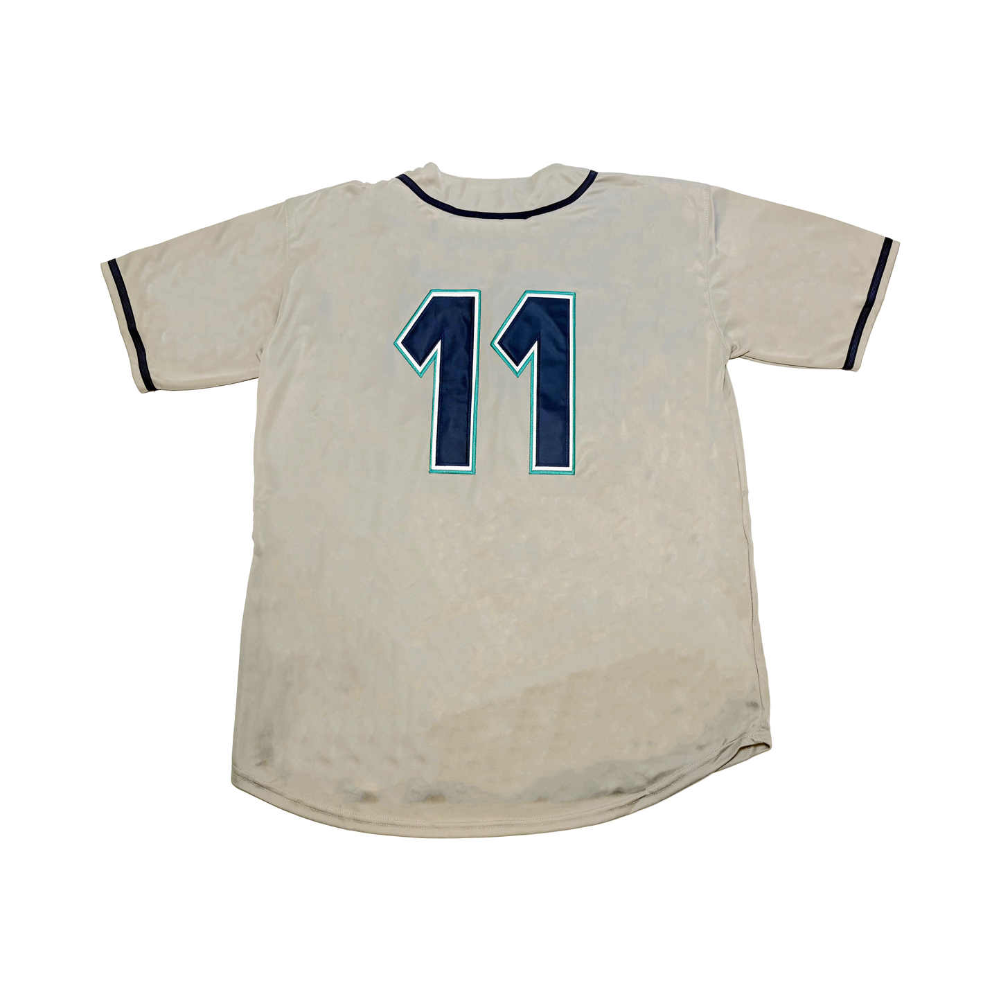 Kissimmee Cobras Jersey - Jerseys. Gray back. Navy trim around neck and short sleeve ends. #11 large on back with white and aqua trim. Royal Retros