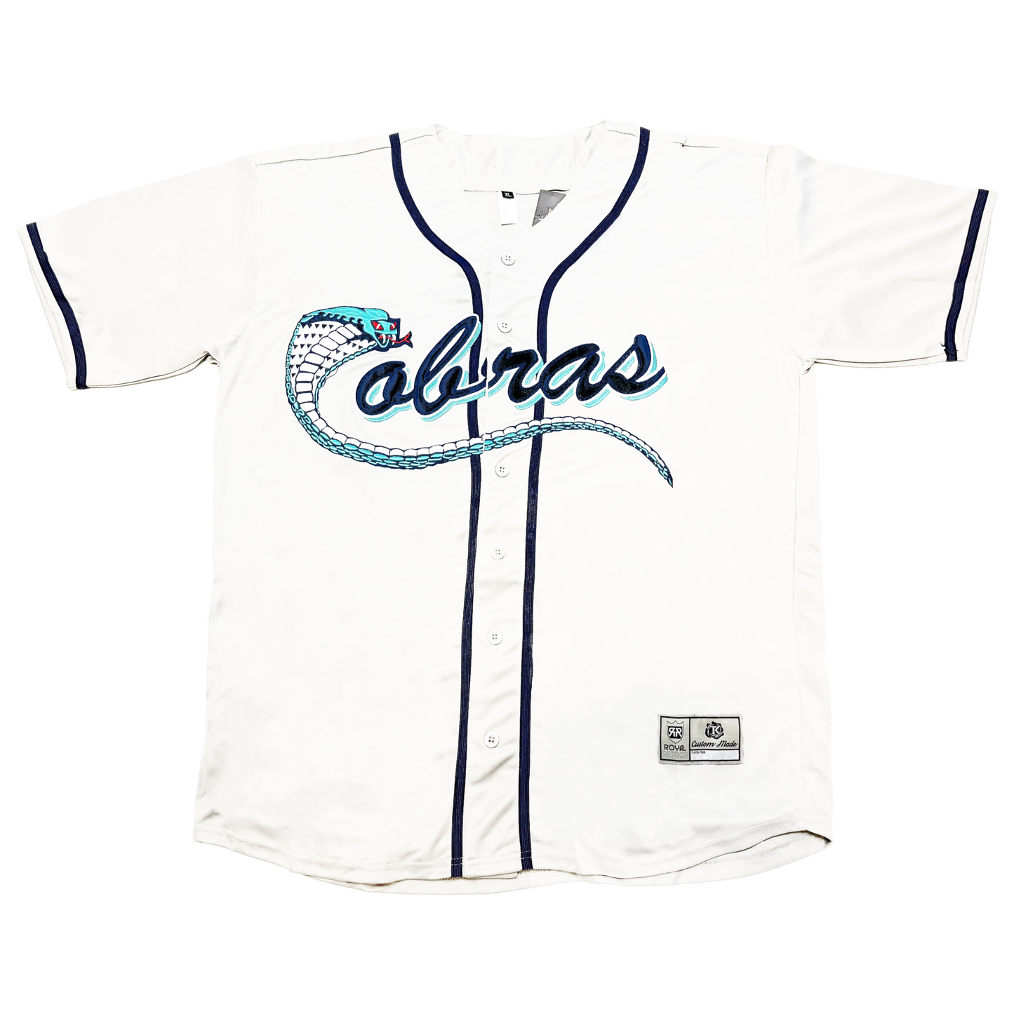Kissimmee Cobras Jersey - Jerseys. Kissimmee Cobras Jersey - Jerseys. Button-up White . Aqua, white, and dark blue cobra forming C with tail underlining rest of logo. Cursive O-B-R-A-S, lower case. Navy piping around neck and down either side of buttons. Navy rings around short-sleeve ends. Royal Retros