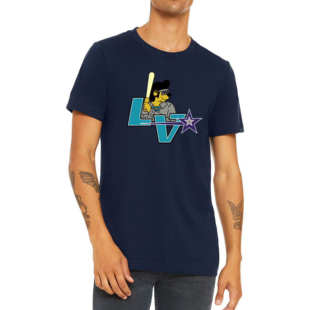 Las Vegas Stars T-Shirt. Navy. Turquoise L and V off set. Elvis looking dog with gray jersey holding a bat. Gray star with purple outline. Royal Retros 