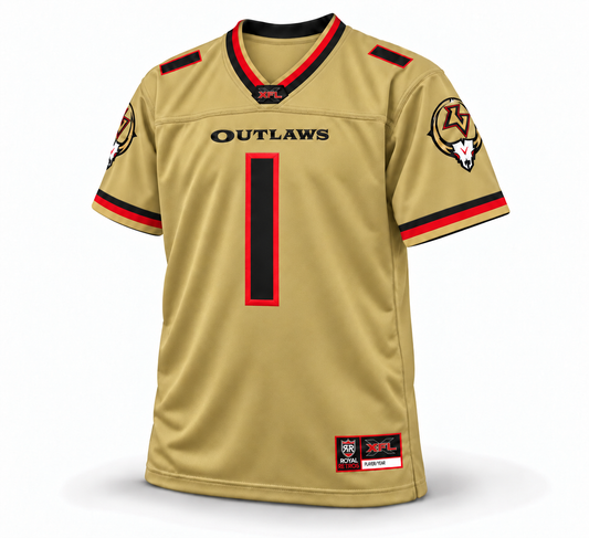 2001 Las Vegas Outlaws remix gold front jersey mockup, custom number 1, solid fabric without mesh