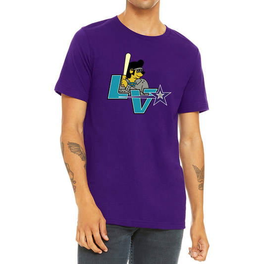 Las Vegas Stars T-Shirt. Purple. Turquoise L and V off set. Elvis looking dog with gray jersey holding a bat. Gray star with purple outline. Royal Retros 