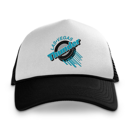 Las Vegas Thunder Foam Trucker Hat - White/ Black / one size - Hats. White with black bill. Logo in center. Las Vegas in white over Thunder in teal diagonally over hockey puck with swish marks leading away from the bottom right down. Royal Retros
