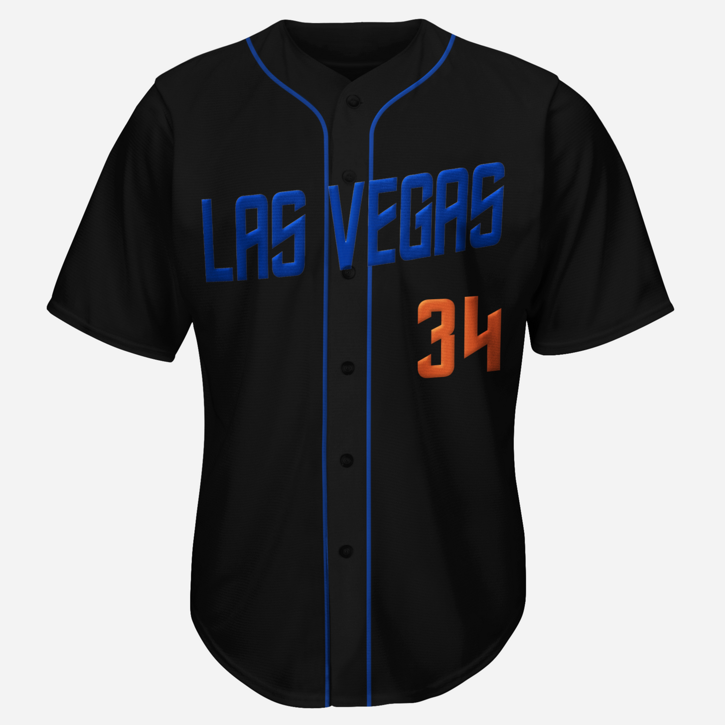 Las Vegas 51s short sleeve button-up Baseball Jersey. Black. LAS VEGAS angled across chest in Star Trek-like typeface, blue. Blue stripes around collar and down either side of buttons. #34 in red below right. Royal Retros