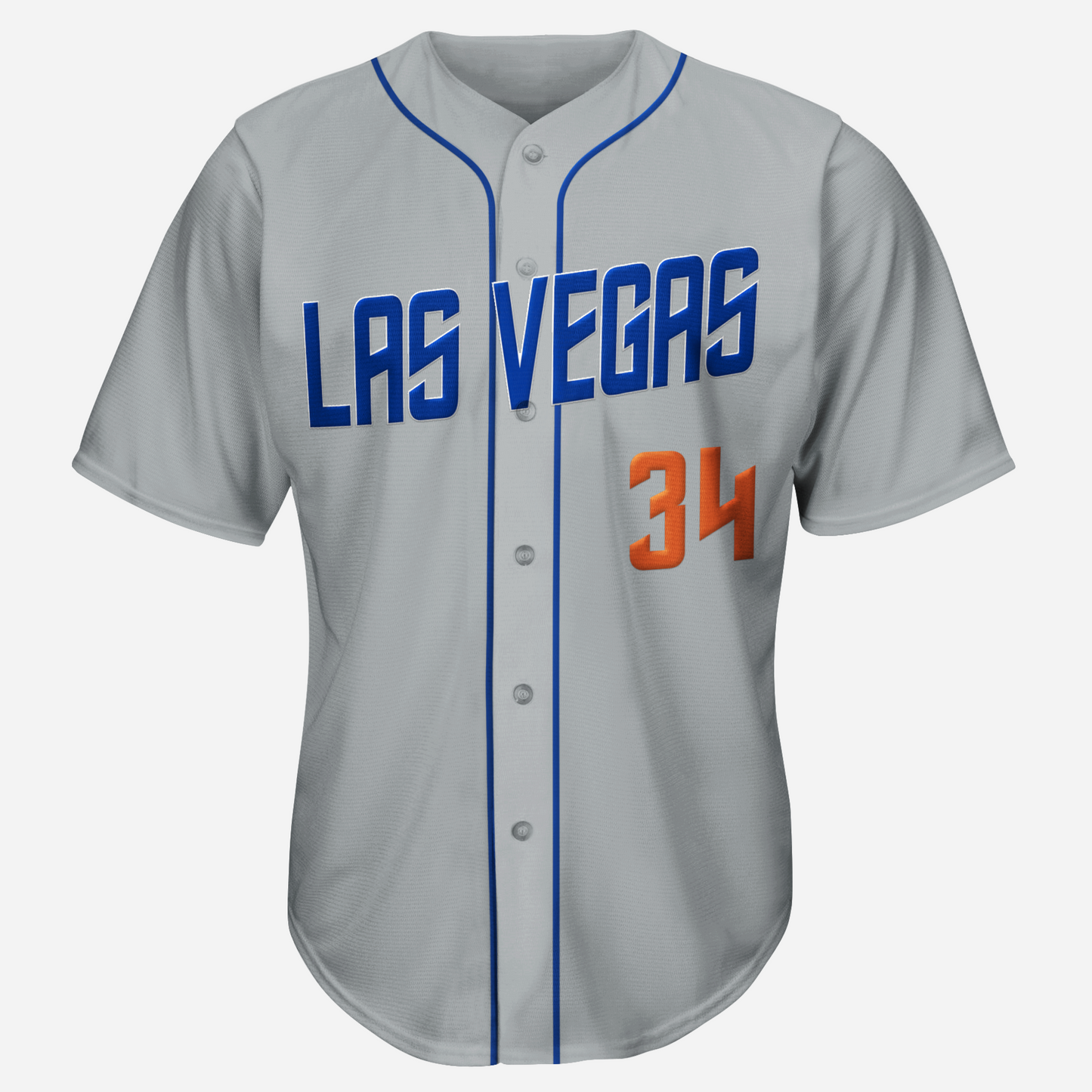 Las Vegas 51s short sleeve button-up Baseball Jersey. Gray. LAS VEGAS angled across chest in Star Trek-like typeface, blue. Blue stripes around collar and down either side of buttons. #34 in red below right. Royal Retros