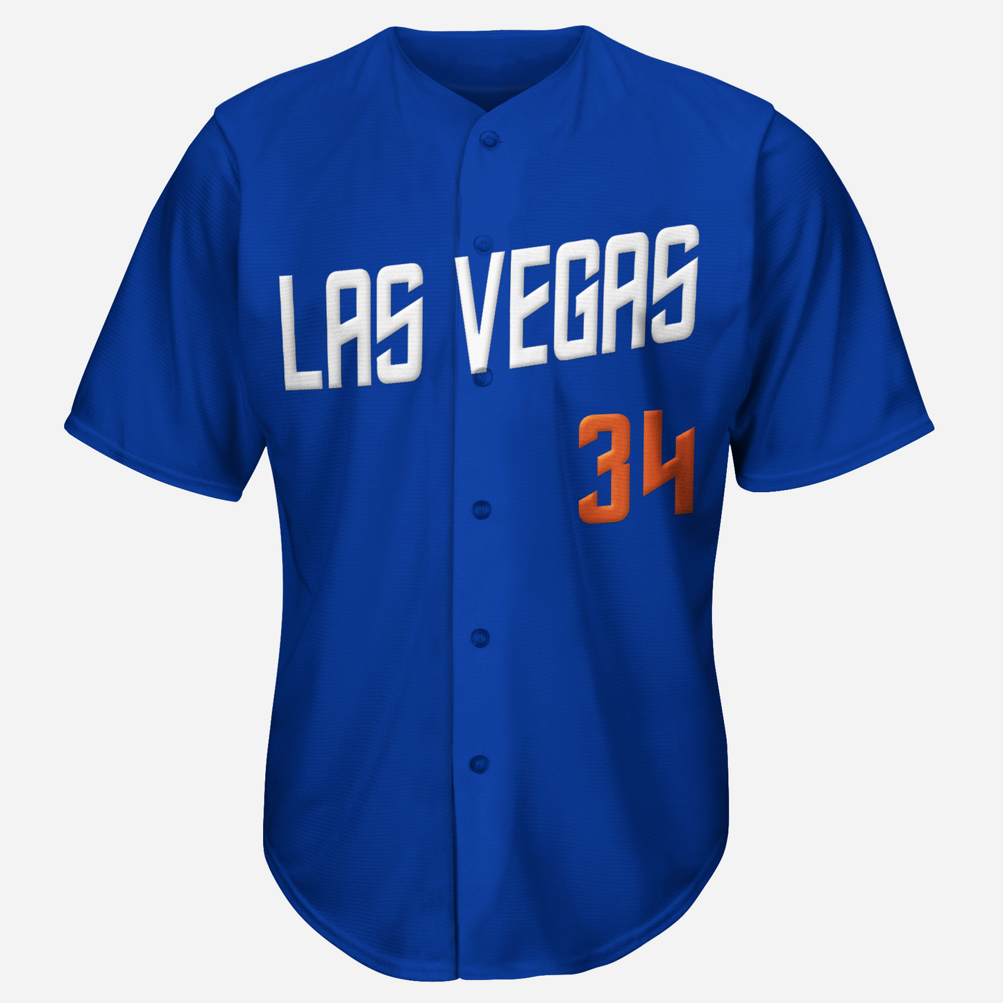 Las Vegas 51s short sleeve button-up Baseball Jersey. Royal Blue. LAS VEGAS angled across chest in Star Trek-like typeface, white.  #34 in red below right. Royal Retros