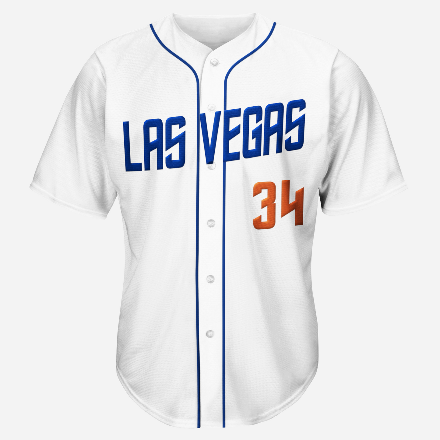 Las Vegas 51s short sleeve button-up Baseball Jersey. White. LAS VEGAS angled across chest in Star Trek-like typeface, blue. Blue stripes around collar and down either side of buttons. #34 in red below right. Royal Retros