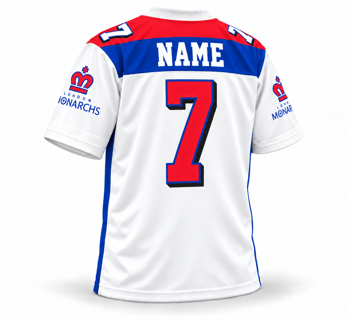 1995 London Monarchs sublimated white jersey back NAME number 7