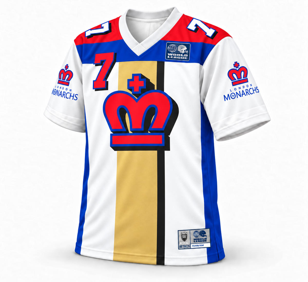 1995 London Monarchs sublimated white jersey front number 7