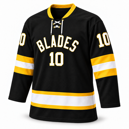 Los Angeles Blades black jersey front mockup with lace collar. Approved turned template.
