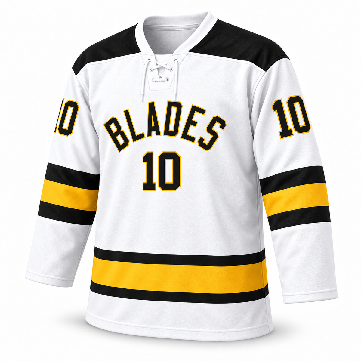 Los Angeles Blades white jersey front mockup with lace collar. Approved turned template.