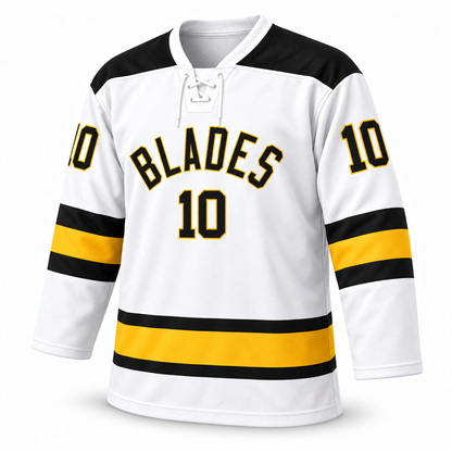 Los Angeles Blades white jersey front mockup with lace collar. Approved turned template.