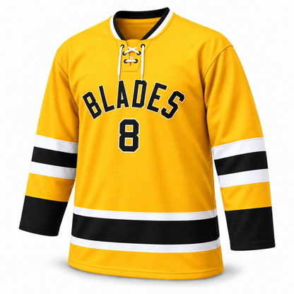 Los Angeles Blades yellow jersey front mockup with lace collar. Approved turned template.