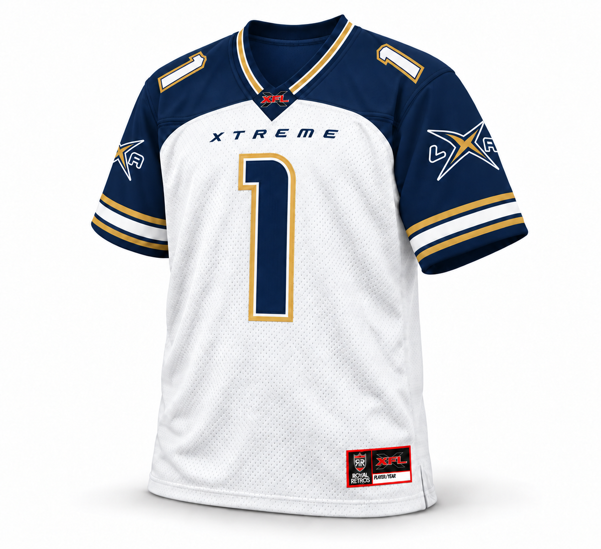 2001 Los Angeles Xtreme XFL Jersey – white front custom number 1 mockup with navy interior