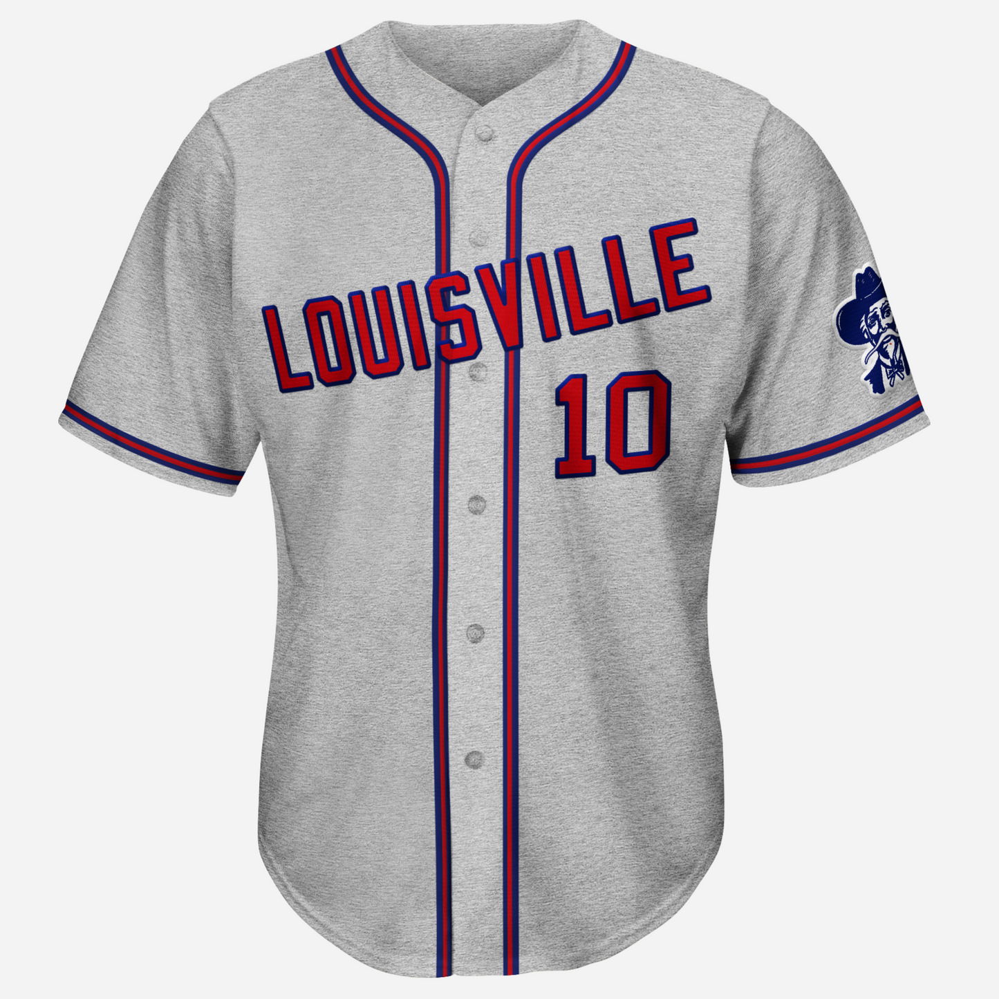 Louisville Colonels 1960 button-up Baseball Jersey road gray. LOUISVILLE in red block letters with blue trim angled across chest. #10 in red with blue trim below right. Ble, red, blue trim around sleeve ends, neck, and down either side of buttons. Colonel face logo on left sleeve. Royal Retros