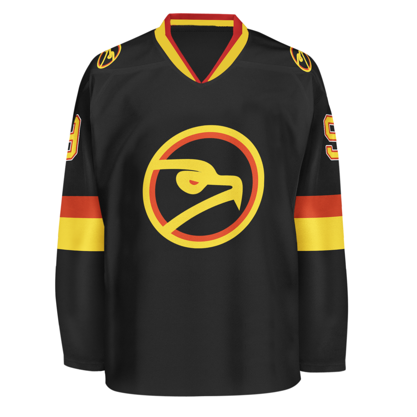 Louisville Icehawks hockey jersey black. Red, and gold collar. Red and gold, bands, mid-sleeve. Logo is stylized hawk head in gold circle, with red trim inside and black background. Head is gold with red eye. Royal Retros