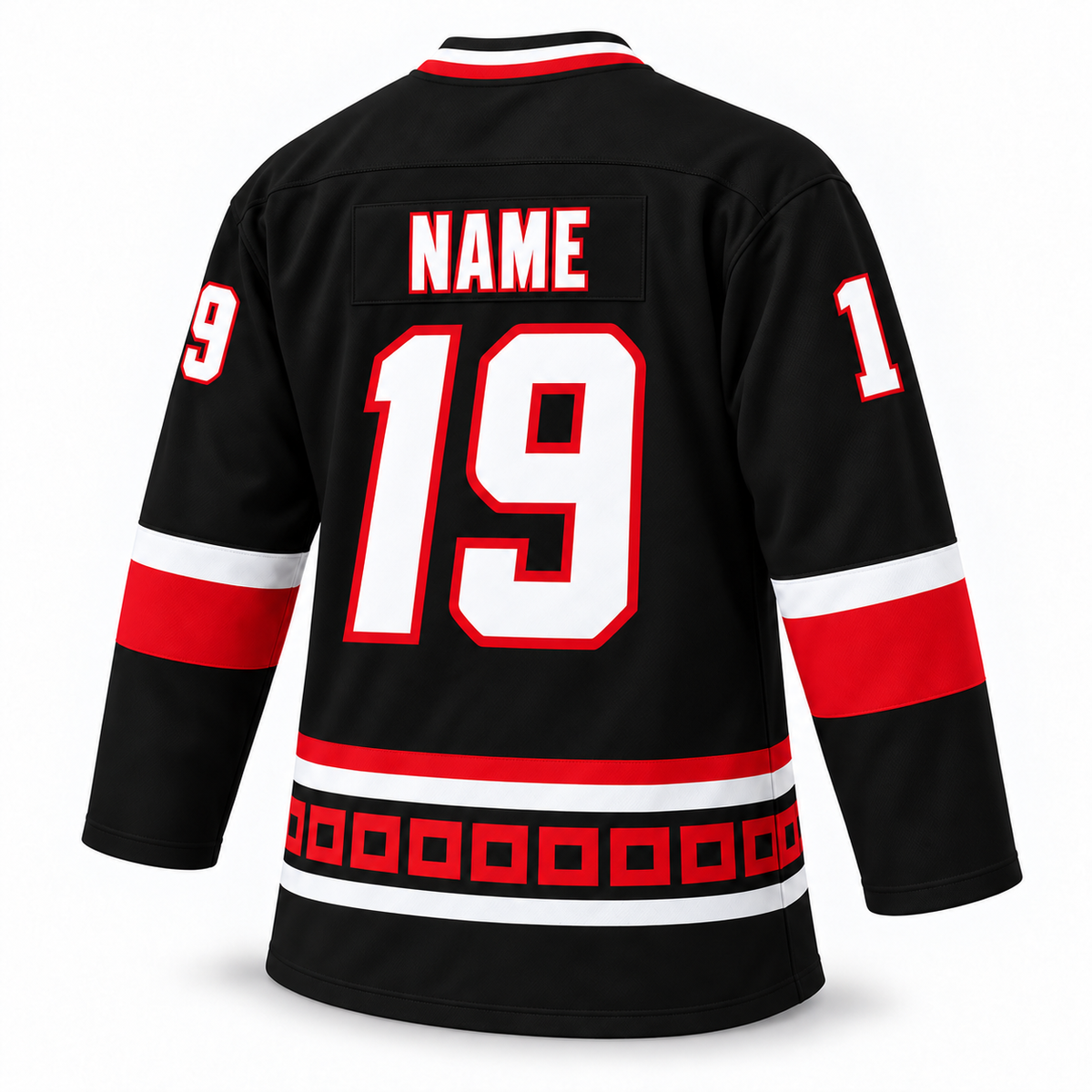 Lowell Lock Monsters black hockey jersey — back mockup, number19, NAME personalization, regular V-neck. Royal Retros.