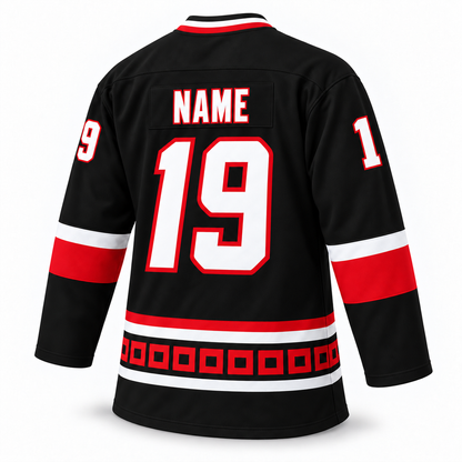 Lowell Lock Monsters black hockey jersey — back mockup, number19, NAME personalization, regular V-neck. Royal Retros.