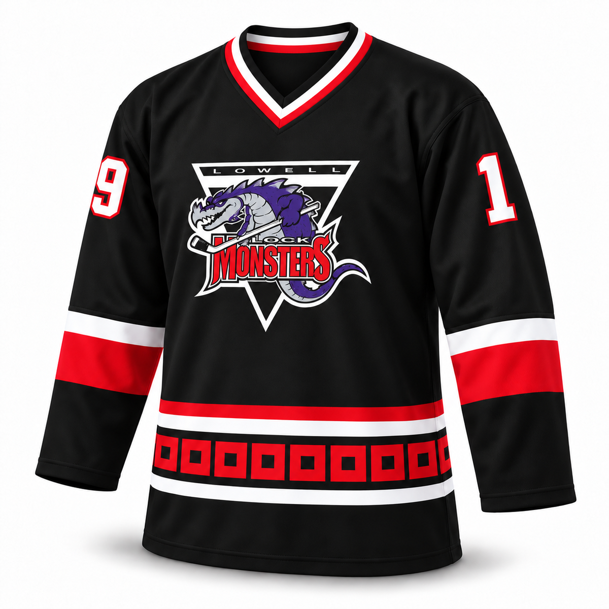 Lowell Lock Monsters black hockey jersey — front mockup, number19, regular V-neck. Royal Retros.