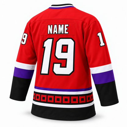 Lowell Lock Monsters red hockey jersey — back mockup, number19, NAME personalization, regular V-neck. Royal Retros.