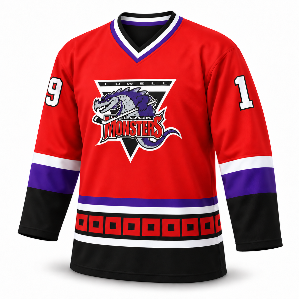 Lowell Lock Monsters red hockey jersey — front mockup, number19, regular V-neck. Royal Retros.