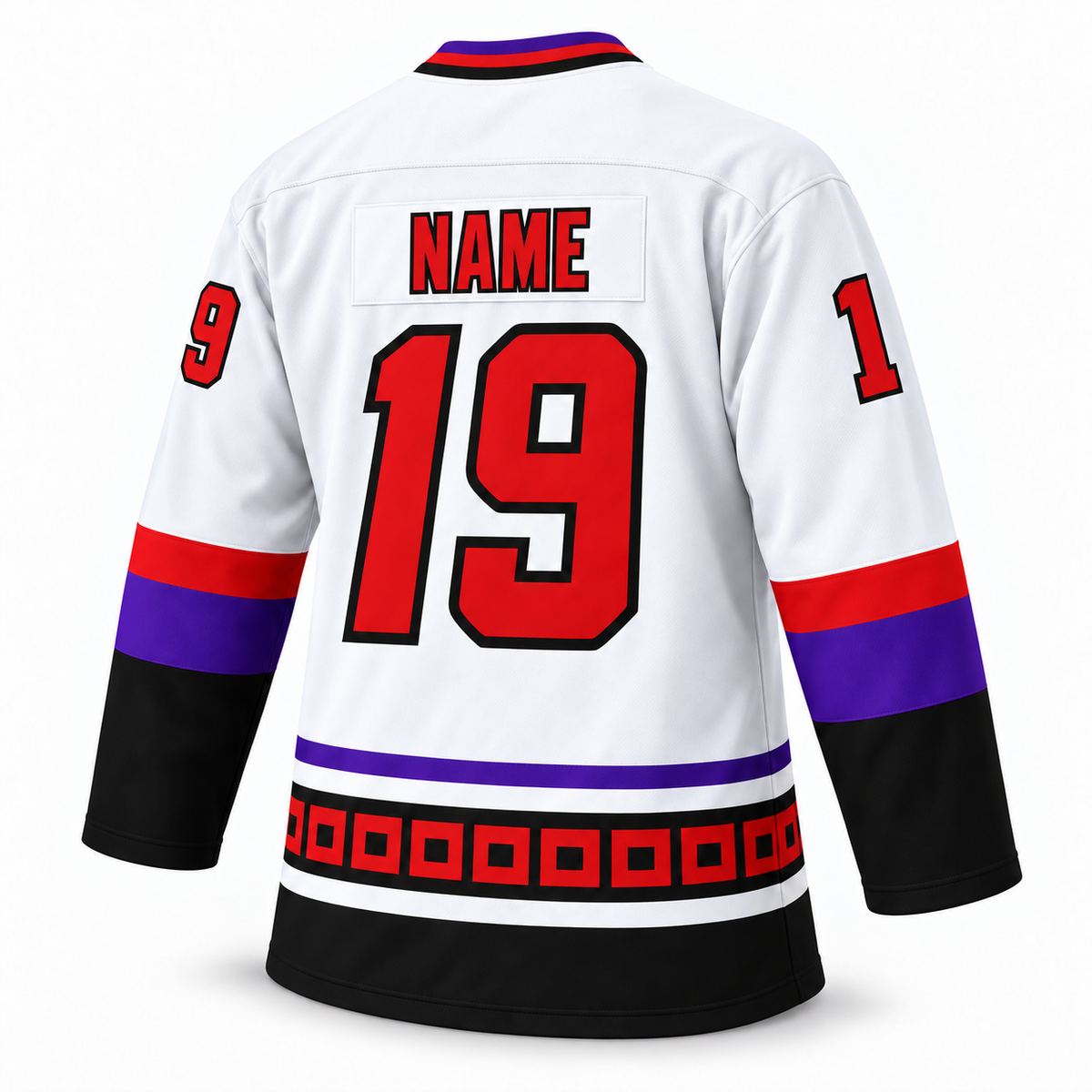 Lowell Lock Monsters white hockey jersey — back mockup, number19, NAME personalization, regular V-neck. Royal Retros.