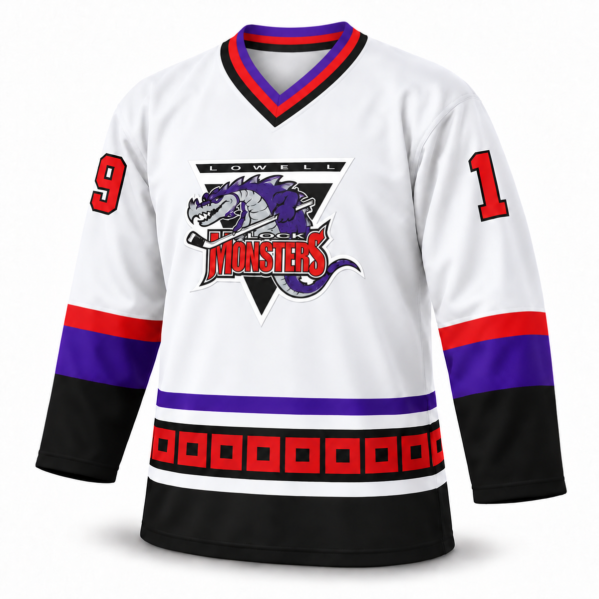 Lowell Lock Monsters white hockey jersey — front mockup, number19, regular V-neck. Royal Retros.
