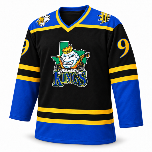 Lubbock Cotton Kings black jersey front mockup, number 99