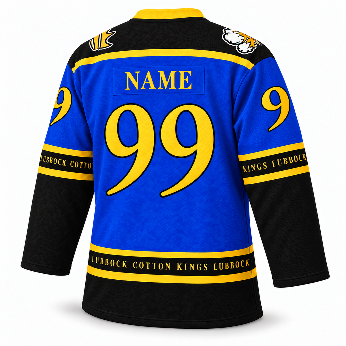 Lubbock Cotton Kings blue jersey back mockup, number 99, NAME personalization