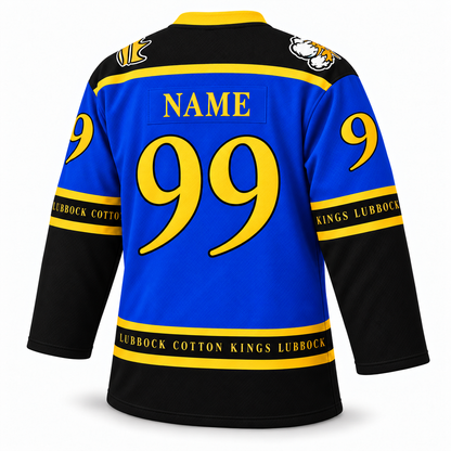 Lubbock Cotton Kings blue jersey back mockup, number 99, NAME personalization