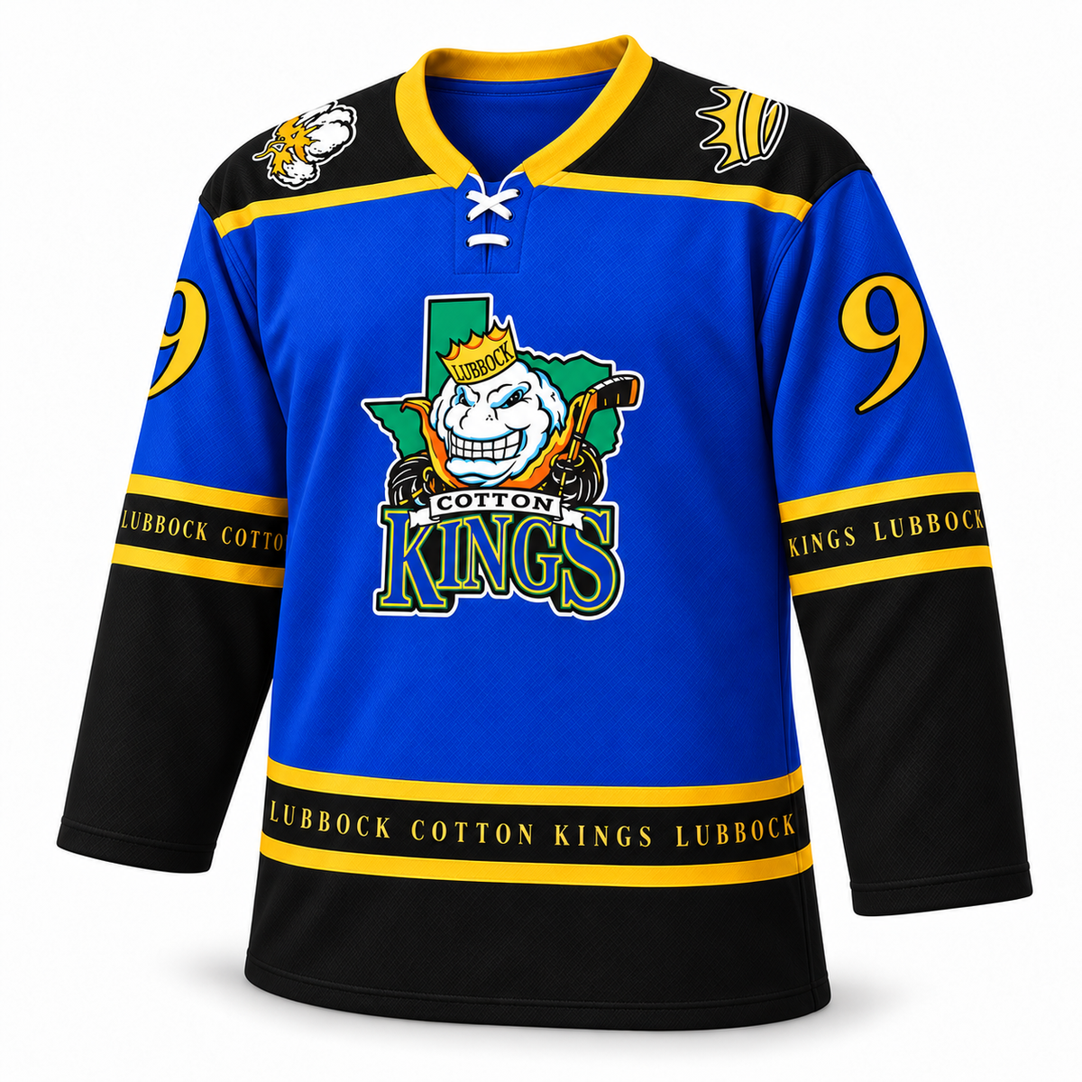 Lubbock Cotton Kings blue jersey front mockup, number 99
