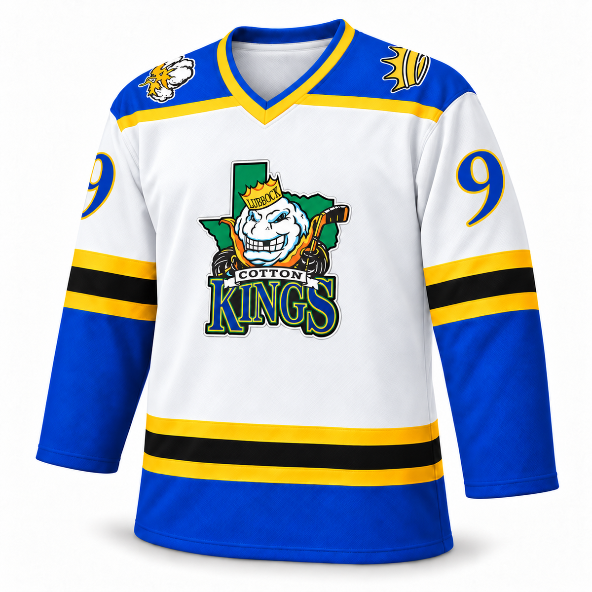 Lubbock Cotton Kings white jersey front mockup, number 99