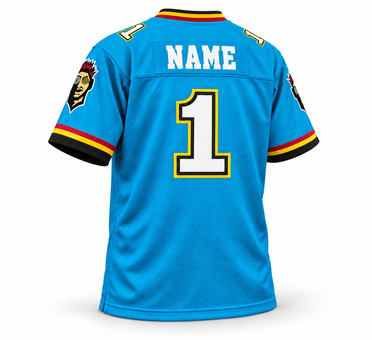 2001 Memphis Maniax turquoise jersey back three-quarter mockup, white NAME and number 1