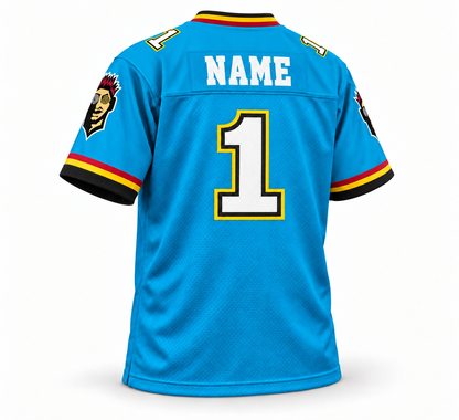 2001 Memphis Maniax turquoise jersey back three-quarter mockup, white NAME and number 1