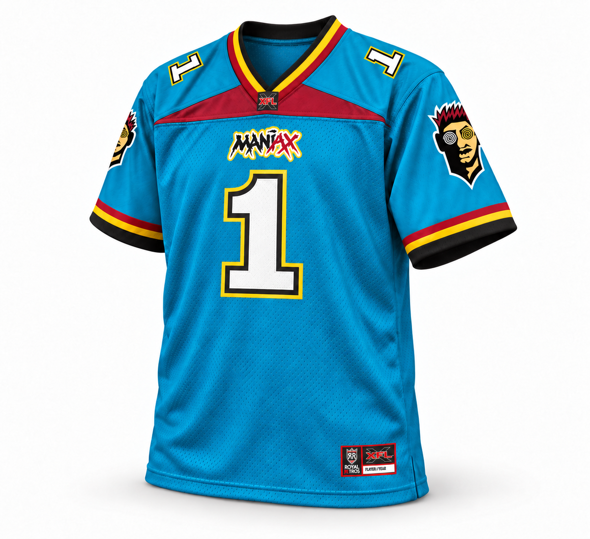 2001 Memphis Maniax turquoise jersey front three-quarter mockup, number 1
