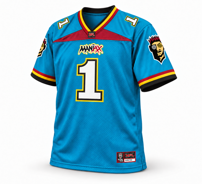 2001 Memphis Maniax turquoise jersey front three-quarter mockup, number 1