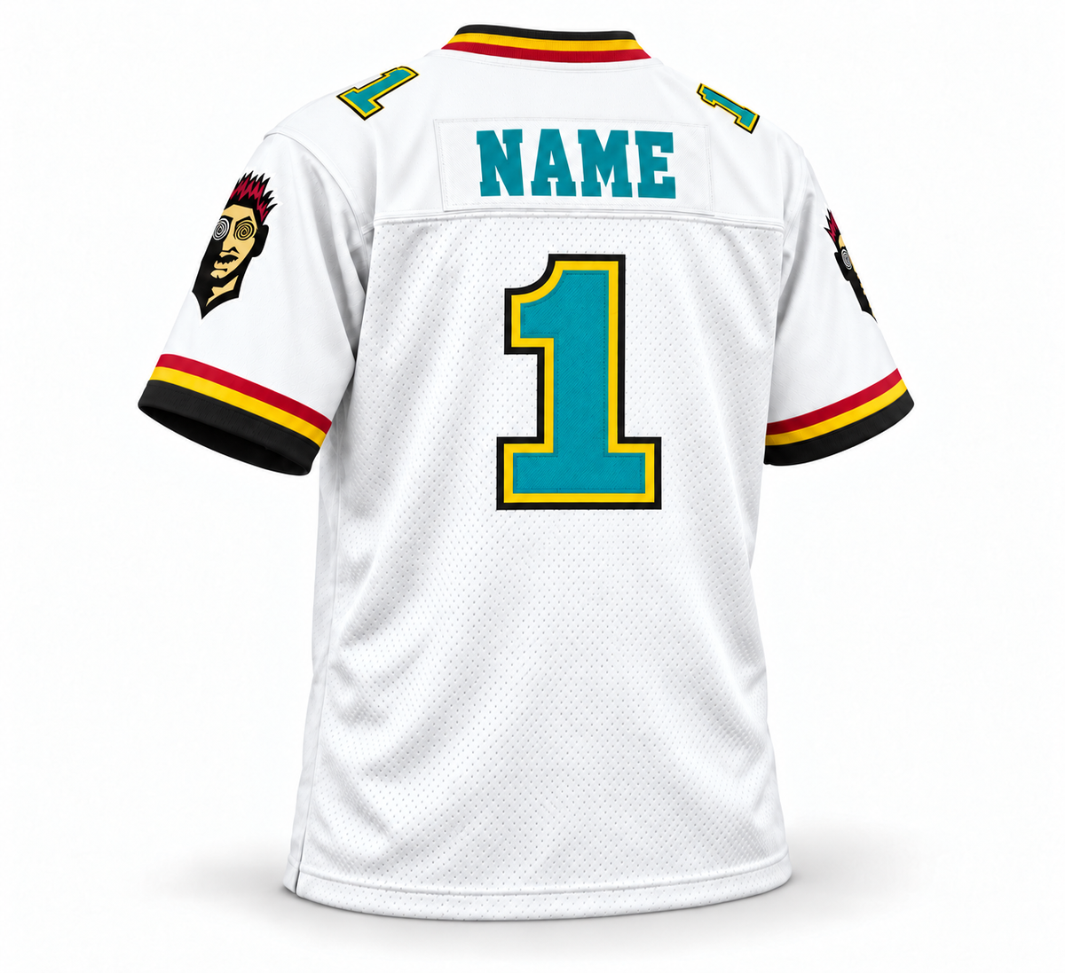 2001 Memphis Maniax white jersey back three-quarter mockup, turquoise NAME and number 1