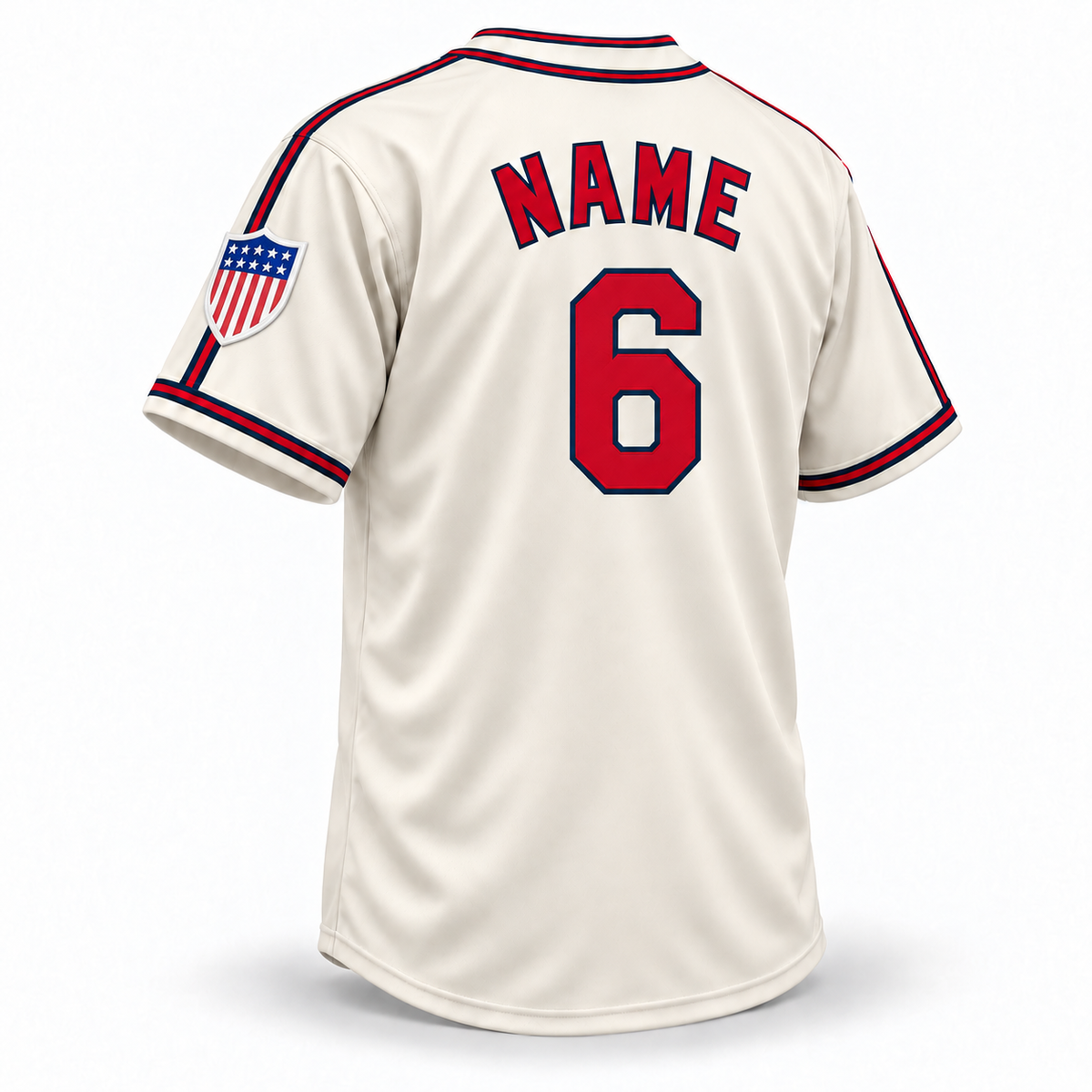 Memphis Red Sox NLB Jersey — Cream back mockup, block NAME and number 6, patriotic shield on wearer's left sleeve. Royal Retros.