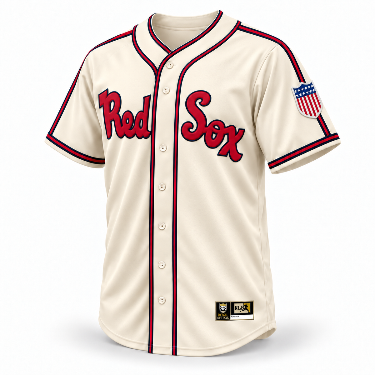 Memphis Red Sox NLB Jersey — Cream front mockup, red Red Sox script with navy outlines, patriotic shield on wearer's left sleeve. Royal Retros.